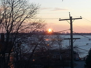Sunset over the Boston skyline from the kitchen window
