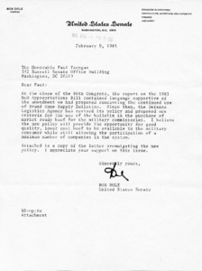 Letter from Bob Dole to Paul Tsongas concerning the 1981 DoD Appropriations Bill and beef used in military commissaries