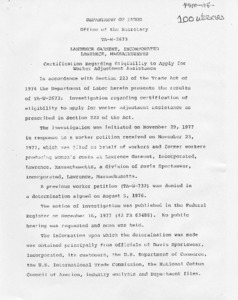 TA-W-2673 Lawrence Garment, Incorporated, Lawrence, Massachusetts: Certification regarding eligibility to apply for worker adjustment assistance