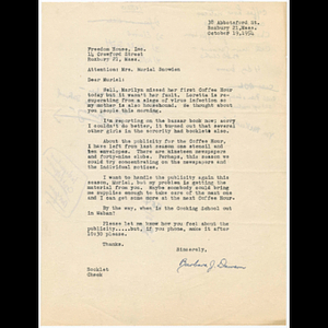 Letter from Barbara Dawson to Muriel Snowden about publicity for Freedom House Coffee Hour