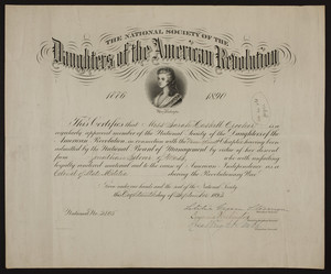 Daughters of the American Revolution membership certificate, 1893