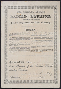 Membership card for The Central Church Ladies' Reunion, Lawrence, Mass., 1850