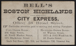 Trade card for Bell's Boston Highlands and City Express, 38 Broad Street, Boston, Mass., undated