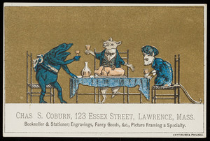 Trade card for Chas. S. Coburn, bookseller & stationer, 123 Essex Street, Lawrence, Mass., undated