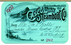 Pass for Casco Bay Steamboat Co., Portland, Maine, 1902