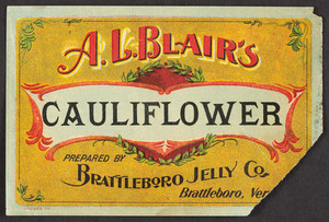 Label for A.L. Blair's Cauliflower, Brattleboro Jelly Co., Brattleboro, Vermont, undated
