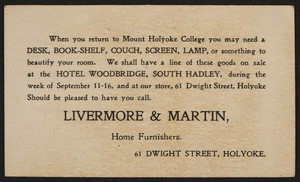 Postcard for Livermore & Martin, home furnishers, 61 Dwight Street, Holyoke, Mass., dated September 6, 1899