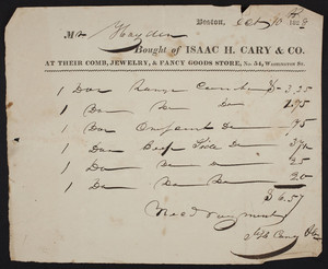 Billhead for Isaac H. Cary & Co., comb, jewelry & fancy goods store, No. 54 Washington Street, Boston, Mass., dated October 10, 1828