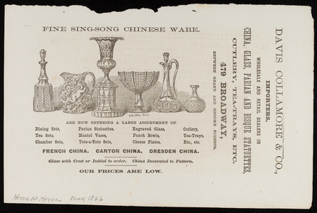 Advertisement for Davis Collamore & Co., importers, wholesale and retail dealers in china, glass, parian and bisque statuettes, 479 Broadway, New York, New York, May 1866