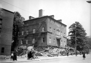 Exterior view of the Otis House during removal, as seen from the other side of Cambridge St., near Joy St., Boston, Mass.