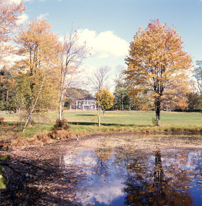 View across the pond in fall, Codman House, Lincoln, Mass.