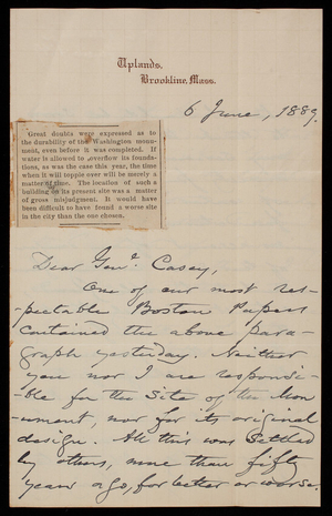 Robert Winthrop to Thomas Lincoln Casey, June 6, 1889