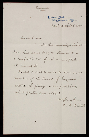 [Cyrus] B. Comstock to Thomas Lincoln Casey, April 6, 1890