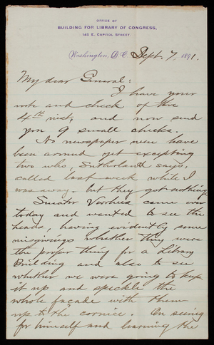 [Bernard R.] Green to Thomas Lincoln Casey, September 7, 1891