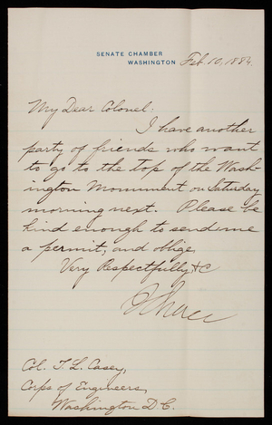 Senator [Salmon P.] Chase to Thomas Lincoln Casey, February 10, 1884