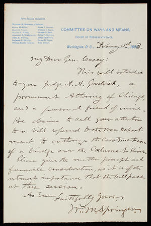 [William] M. Springer to Thomas Lincoln Casey, February 15, 1893