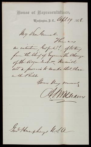 A. S. Williams to General A. A. Humphreys, April 19, 1878