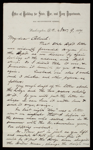 Bernard R. Green to Thomas Lincoln Casey, November 9, 1887