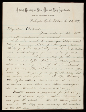 Bernard R. Green to Thomas Lincoln Casey, March 16, 1887