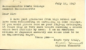 Postcard from Kiyoshi Yamamoto to Massachusetts State College