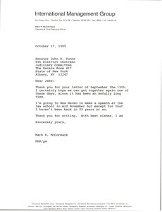Letter from Mark H. McCormack to Senator John R. Dunne