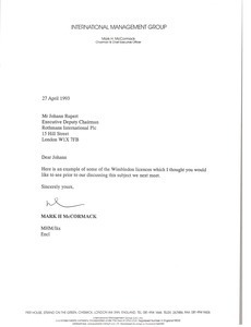 Letter from Mark H. McCormack to Johann Rupert