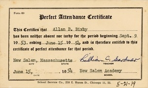 Perfect attendance certificate for Allan B. Bixby