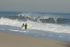 Two surfers in wetsuits heading into the waves at Sandy Hook