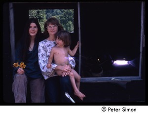 Catherine Blinder seated with unidentified woman and child, Tree Frog Farm Commune