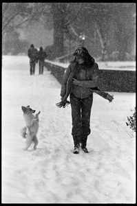 Woman walking her dog in the snow