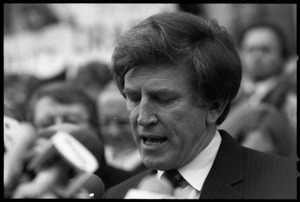 Gary Hart: close-up portrait while speaking at a rally during his bid for the Democratic nomination for the presidency