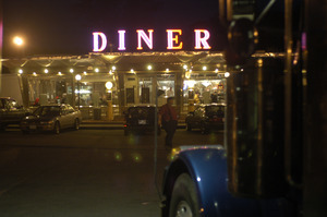 Whately Diner: exterior of the diner, lit up at dusk