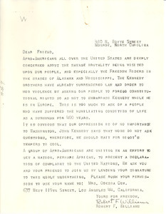 Circular letter from Robert F. Williams to W. E. B. Du Bois