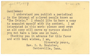 Postcard from Rev. S. R. Bratcher to the NAACP