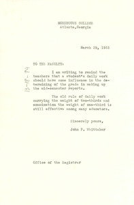 Memorandum from John P. Whittaker to Atlanta University Faculty