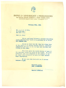 Letter from Boni & Liveright to W. E. B. Du Bois