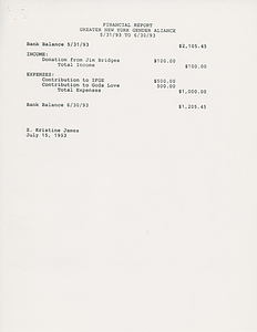 Financial Report for Greater New York Gender Alliance, June 1993