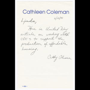 Note from Cathy Coleman to Linda with United Way of Massachusetts Bay newsletter about community development corporations