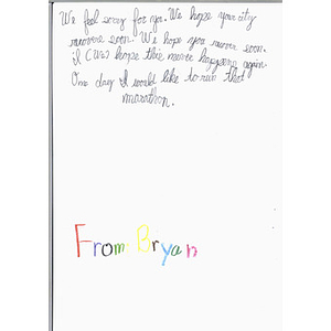 Card from a third grader at North Park Elementary School