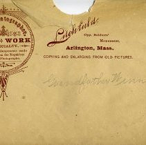 an envelope for a photograph printed: Litchfield. Opp. soldiers' Monuments, Arlington, Mass. Hand written: Grandfather Winn