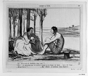 - Eh! bien, tu ne te rhabilles donc pas ? ... - Moi . . . . . je passerais ma vie entière comme ça, en tenue de bain . . . hors de l'eau . . . . - Même l'hiver ? . . . . . . . - Oh! l'hiver... je mettrais mon chapeau.