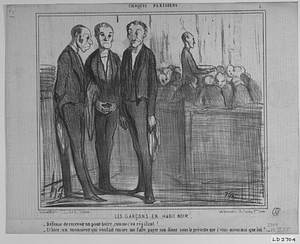 Les garçons en habit noir. - Défense de recevoir un pour-boire, comme c'est régalant!.... - Et hier, un monsieur qui voulait encore me faire payer son diner sous le prétexte que j'étais mieux mis que lui!...