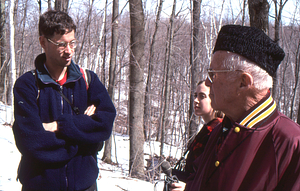 Norman E. Borlaug field trip to the Hopkins Memorial Forest. 10. Left to right: Permanent Plotters Tim Billo (Class of 1997), Dawn Biehler (Class of 1997), and Norman E. Borlaug (U MN, Class of 1937).