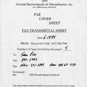 Fax cover sheet for document sent from Hector Del Valle to Sam Pino on June 14, 1995