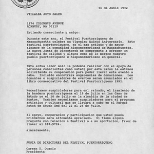 Letter from Carmen Ocasio to Villalba Auto Sales, requesting donations for Festival Puertorriqueño 1992