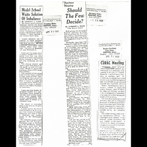 Photocopies of newspaper articles about fight over proposed school in Washington Park, vote to stop the construction of public housing, and Citizens Urban Renewal Action Committee meeting on Tuesday, April 26