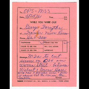 Memorandum to OPS-MSS about call from Mr. George Forsythe about service being cut on 6124 bus, Warren Street between Walnut and Grove Hall