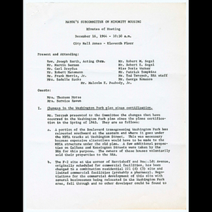 Minutes for Mayor's Subcommittee on Minority Housing meeting on December 16, 1964