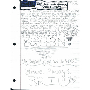 Letter from a student at Canyon Hills Junior High School sent to the City of Boston after the 2013 Boston Marathon bombings (California)