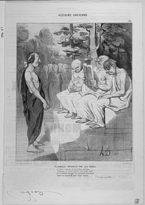 Télémaque interrogé pas les sages. A l'aspect imposant de ces nobles ganaches, Télémaque en finaud jura ses plus grands Dieux, Qu'il voudrait échanger ses naissantes moustaches Contre la majesté de leurs front radieux. (Fénélon, Livre XXIV.).